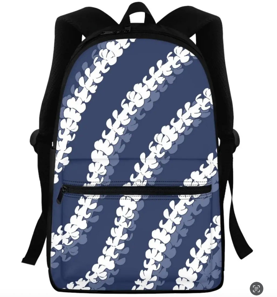Blue Puakenikeni Lei Wrap Backpack | Personalized School Bag | Polynesian Island Design